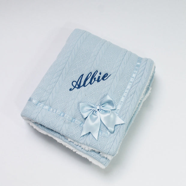 Blue Chevron Knit & Satin Bow Personalised Blanket