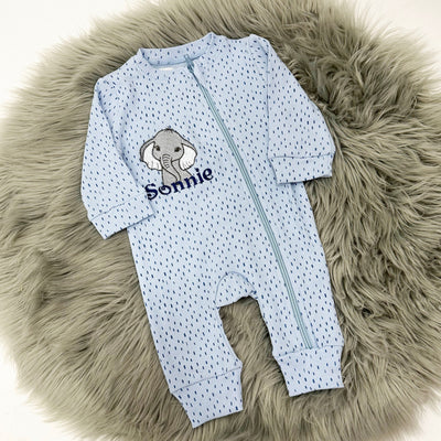 Blue Droplet Pattern Zip Sleepsuit - Various Animals Available