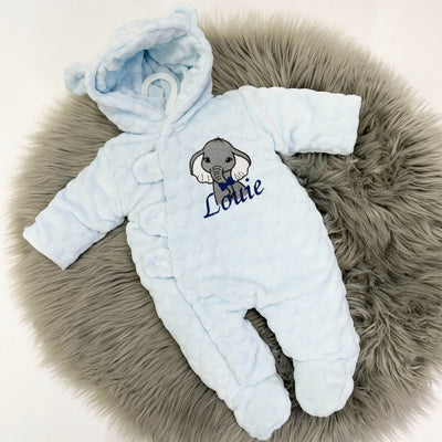 Blue Faux Fur Teddy Bear Personalised Embroidered Pram Suit - Various Animal Options