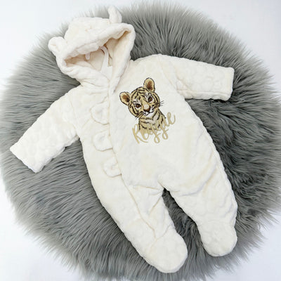 Cream Faux Fur Teddy Bear Personalised Embroidered Pram Suit - Various Animal Options