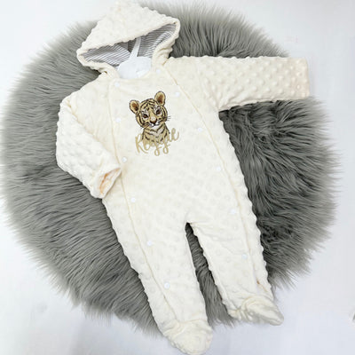 Cream Bubble Personalised Embroidered Pram Suit (Striped Hood Lining)- Various Animal Options