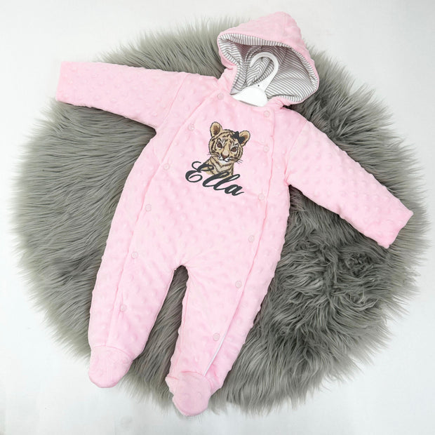 Pink Bubble Personalised Embroidered Pram Suit (Striped Lined Hood) - Various Animal Options