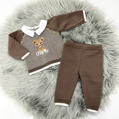 Chocolate Brown Striped Knit Jumper & Trousers - Can be personalised