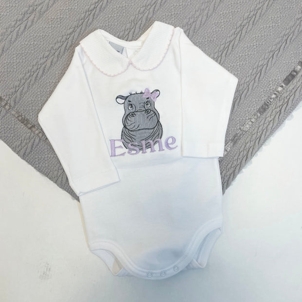 Hippo with Hair Bow Embroidered Personalised Babygrow