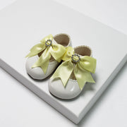 White & Lemon Bow Diamante Soft Sole Shoes
