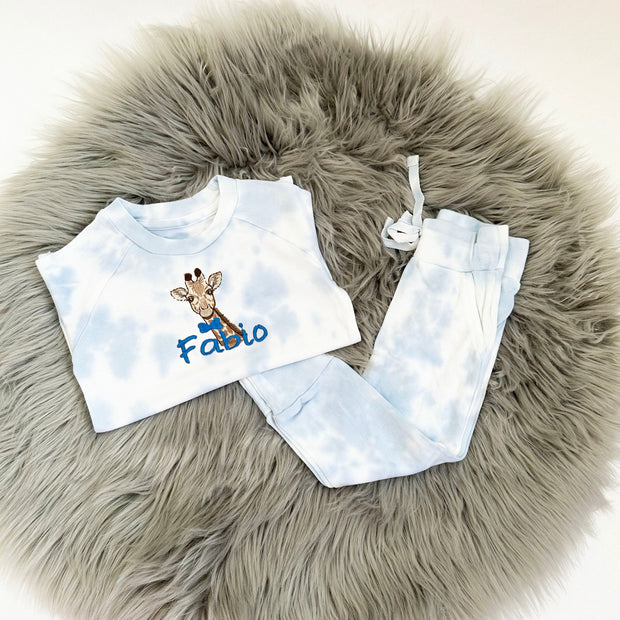 Blue Tie Dye Embroidered Personalised Loungeset - Various Animals