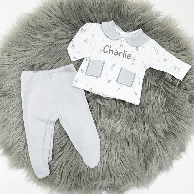 Grey Bunny & Hot Air Balloon Cotton Top & Leggings (Can be personalised)