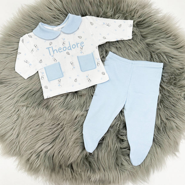 Baby Blue Bunny & Hot Air Balloon Cotton Top & Leggings (Can be personalised)