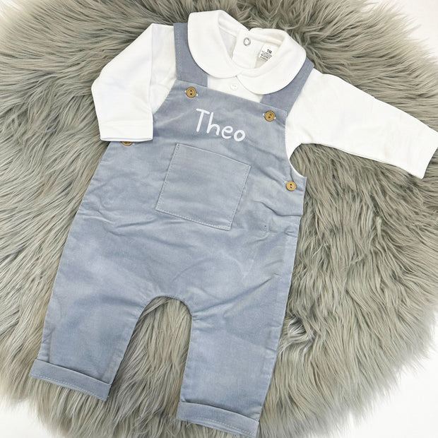 Dusky Blue Cord Dungarees & Babyvest (Can be personalised)