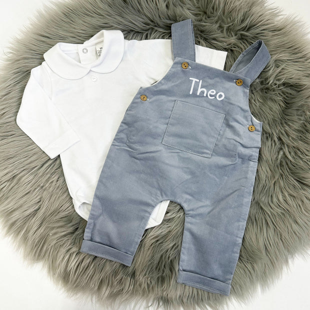 Dusky Blue Cord Dungarees & Babyvest (Can be personalised)
