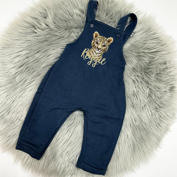 Navy Blue Animal Personalised Embroidered Fleece Dungarees