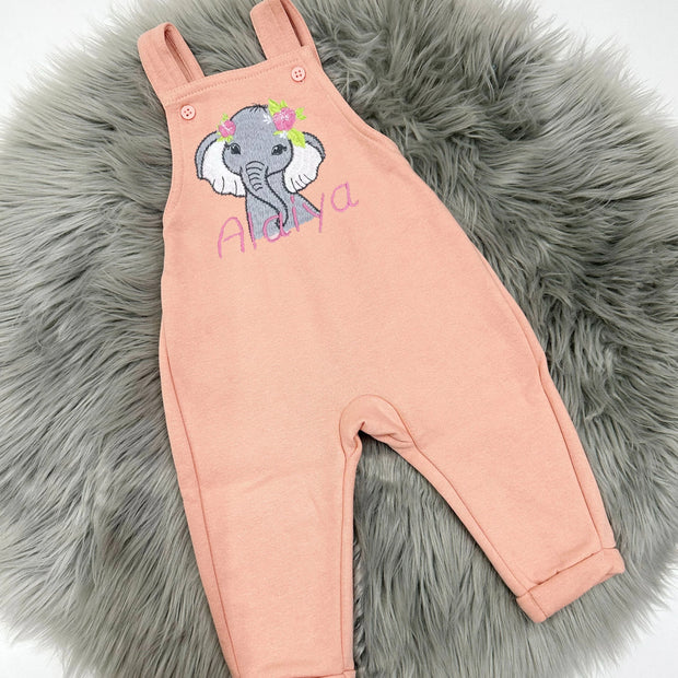 Peach Pink Animal Personalised Embroidered Fleece Dungarees
