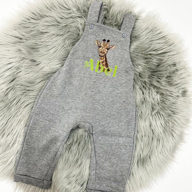 Grey Animal Personalised Embroidered Fleece Dungarees
