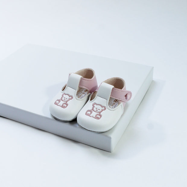 White & Pink Teddy Bear Soft Sole Shoes