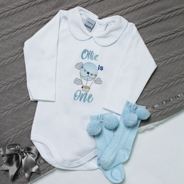 Embroidered Personalised Birthday Babyvest - Blue Hot Air Balloon