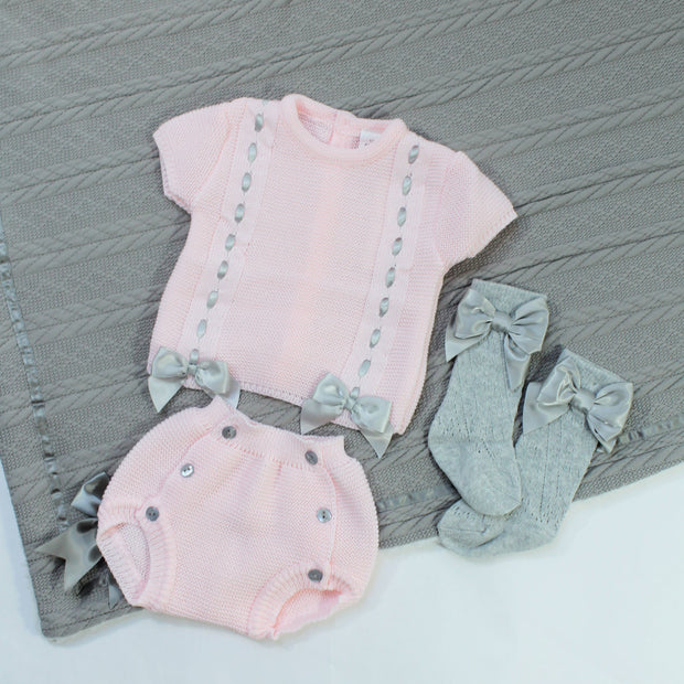 Pink Bow Detail Knitted Short Sleeved Jumper & Pants