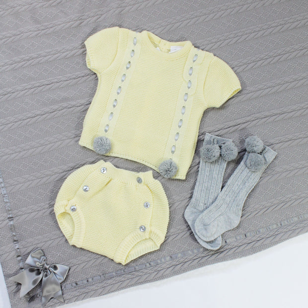 Lemon Yellow Pom Detail Knitted Short Sleeved Jumper & Pants