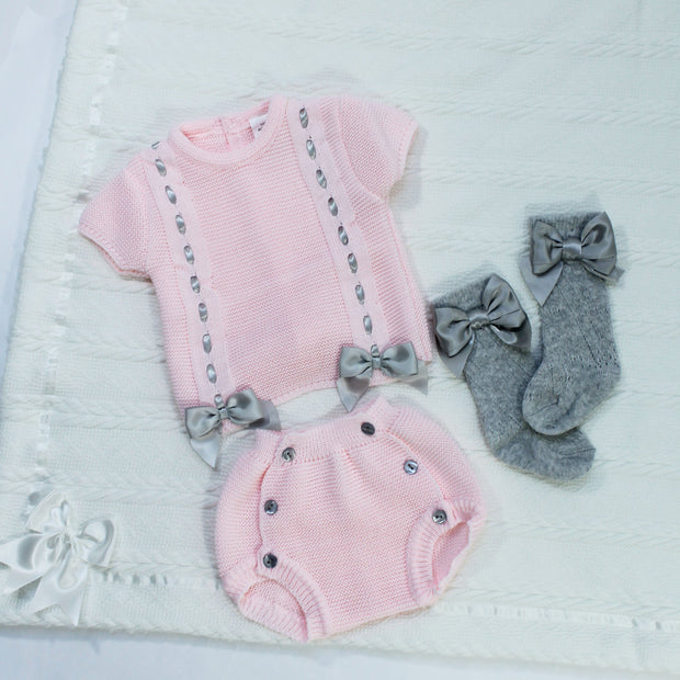 Pink Bow Detail Knitted Short Sleeved Jumper & Pants