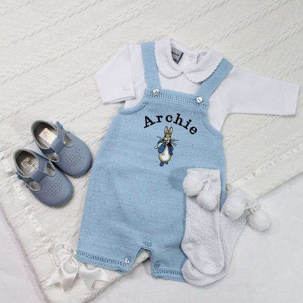Embroidered Blue Short Knit Dungarees - Peter Rabbit