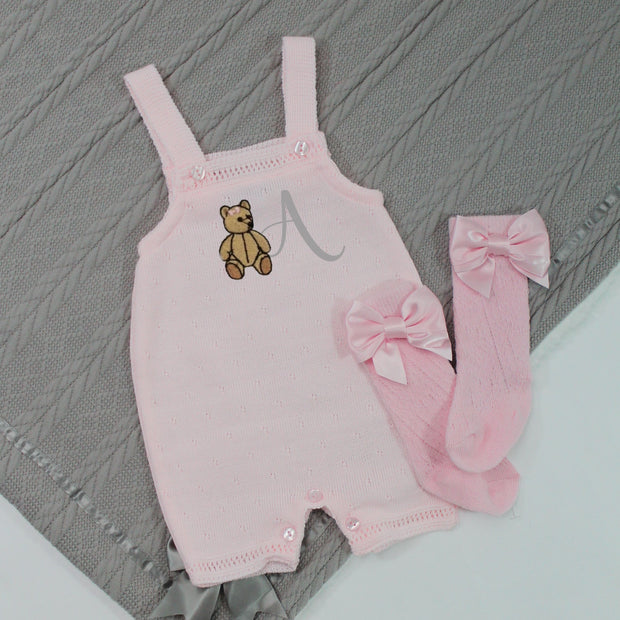 Embroidered Short Knit Dungarees - Girly Teddy Bear