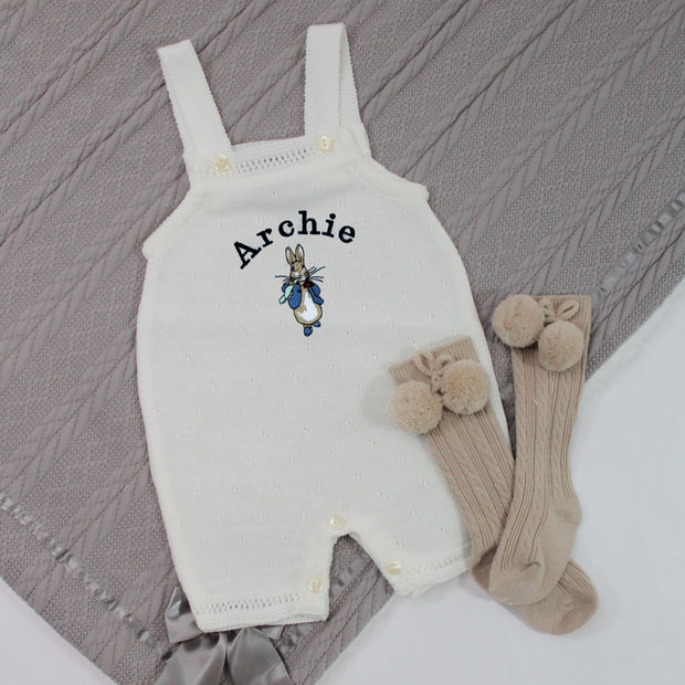 Embroidered Ivory Short Knit Dungarees - Peter Rabbit