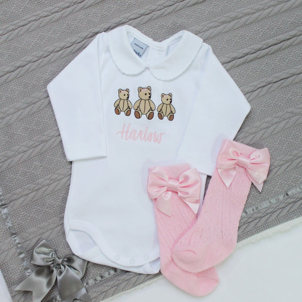 Embroidered Three Pink Teddy Bear's Personalised Babygrow
