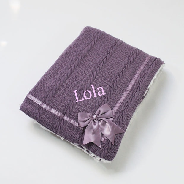 Purple Chevron Knit & Satin Bow Personalised Blanket
