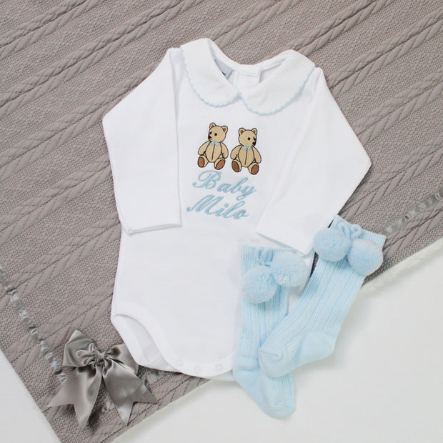 Embroidered ‘Baby’ Teddy Bear Boys Personalised Babygrow - Baby “Name”