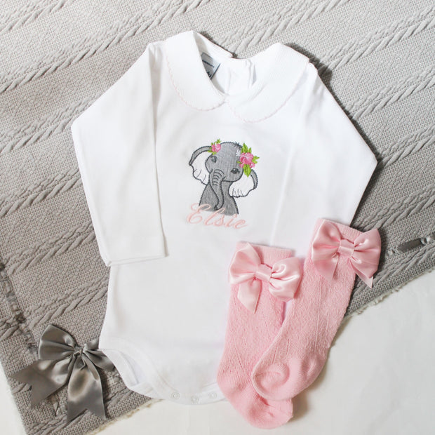 Embroidered Floral Elephant Personalised Babyvest