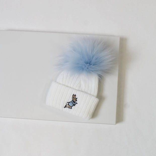 Rabbit Embroidered Single Blue Pom Hat