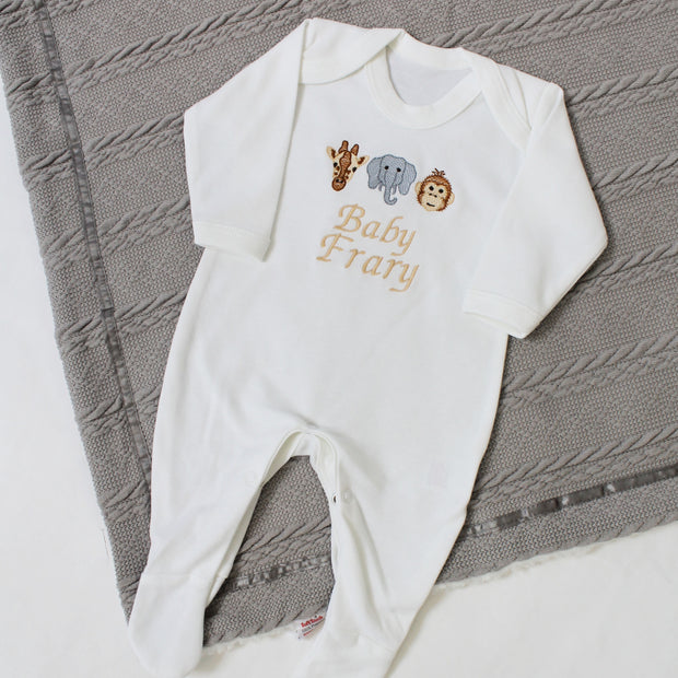 Safari Animals Baby 'Name' Embroidered Personalised Sleepsuit
