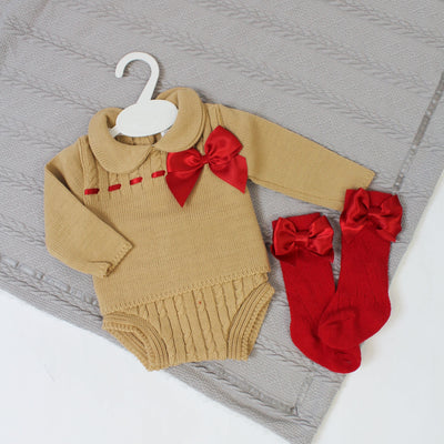 Beige & Red Bow Detail Knit Jumper & Pants