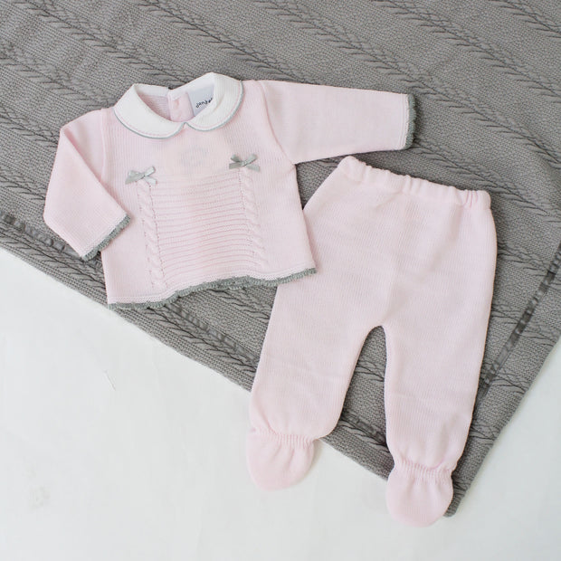 Pink & Grey Bow Detailed Knitted 2 Piece Outfit