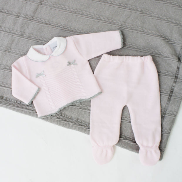 Pink & Grey Bow Detailed Knitted 2 Piece Outfit