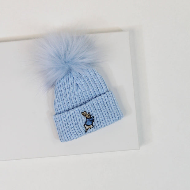 Blue Rabbit Embroidered Single Pom Hat