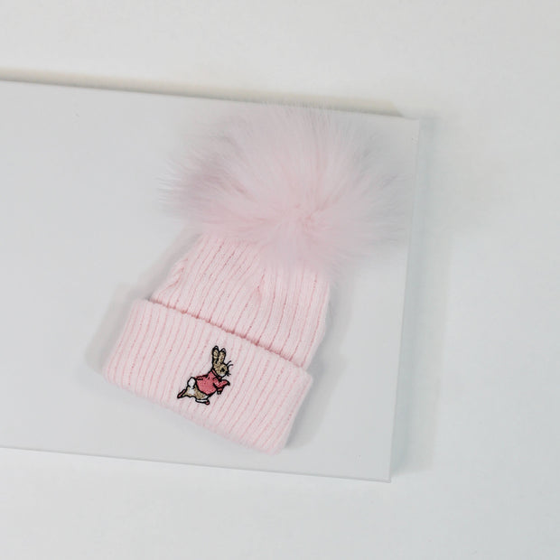 Pink Rabbit Embroidered Single Pom Hat