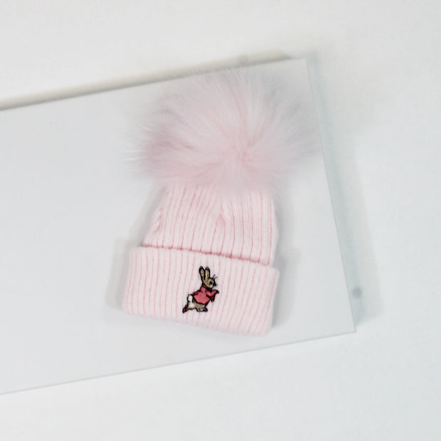 Pink Rabbit Embroidered Single Pom Hat