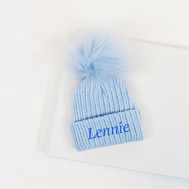 Blue Single Faux Fur Pom Hat (With or Without Personalisation)
