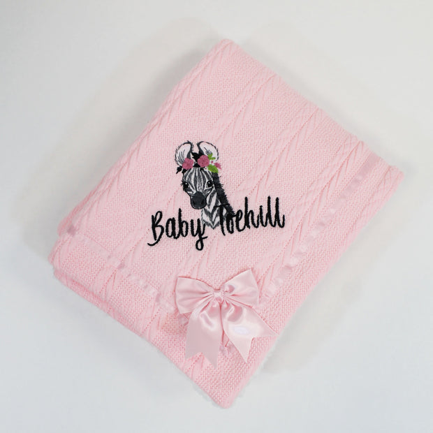 Floral 'Baby' & Name Animal Chevron Knit & Satin Bow Personalised Blanket - Various Animals & Colour Blankets