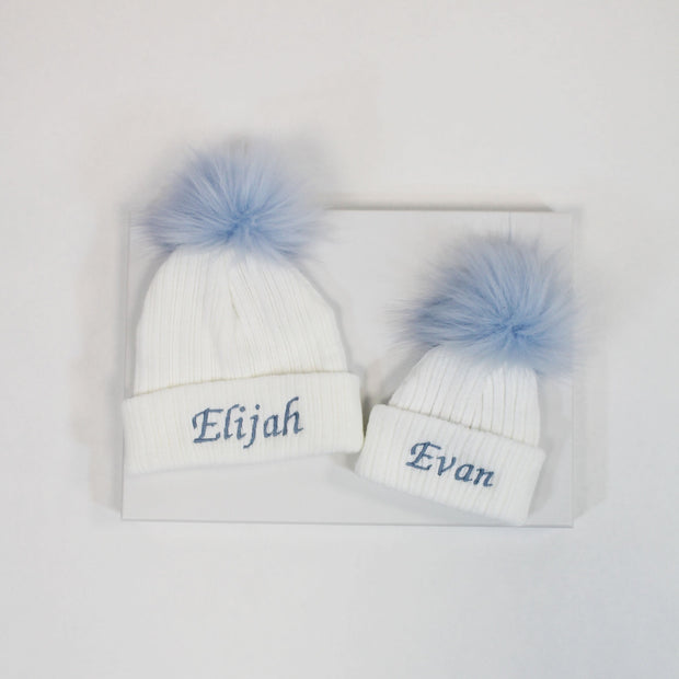 White & Blue Single Faux Fur Pom Hat (With or Without Personalisation)