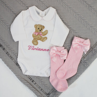 Embroidered Vintage Teddy Personalised Babygrow - Various Coloured Bows