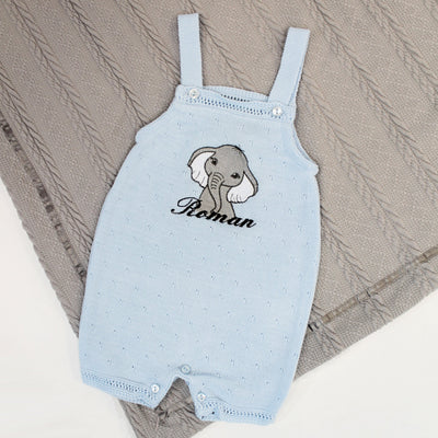 Embroidered Blue Short Knit Dungarees - Various Animals