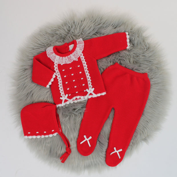 Red Knitted Outfit with Bonnet