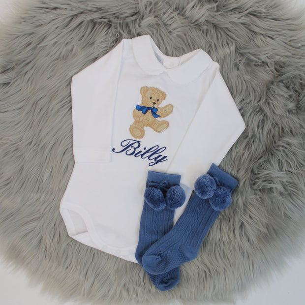 Embroidered Vintage Teddy Personalised Babygrow - Various Coloured Bow