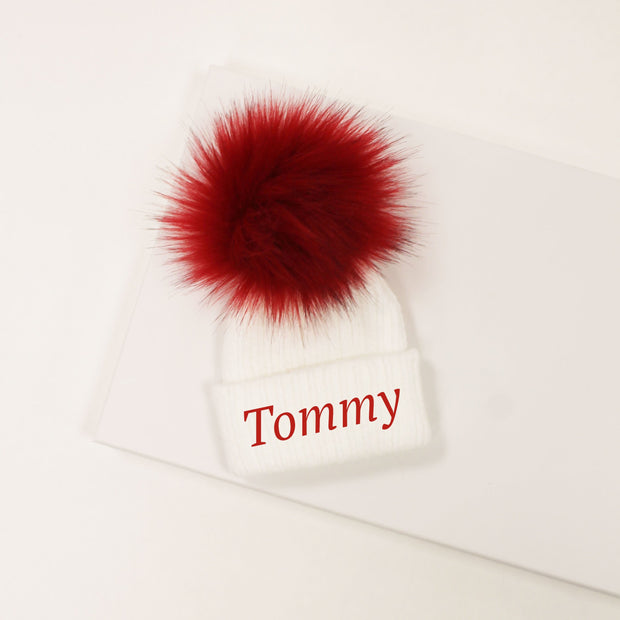 White & Red Single Faux Fur Pom Hat (With or Without Personalisation)