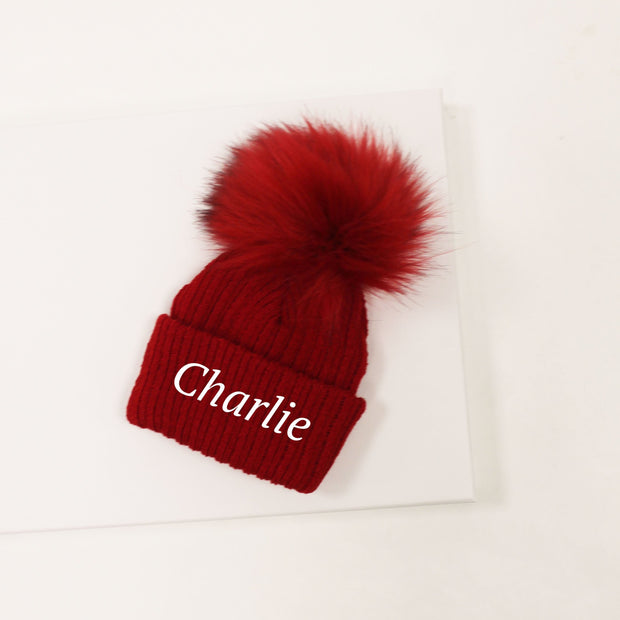 Red Single Faux Fur Pom Hat (With or Without Personalisation)