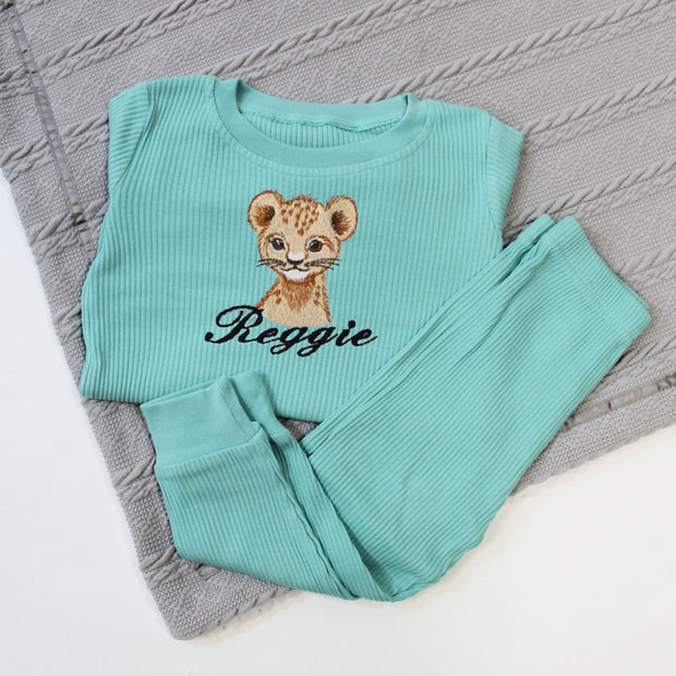Safari Animal Embroidered Personalised Ribbed Loungeset (Various Colour Sets)