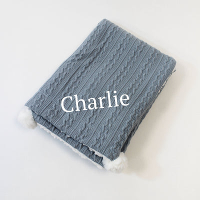Dusky Blue Chevron Knit Pom Personalised Blanket