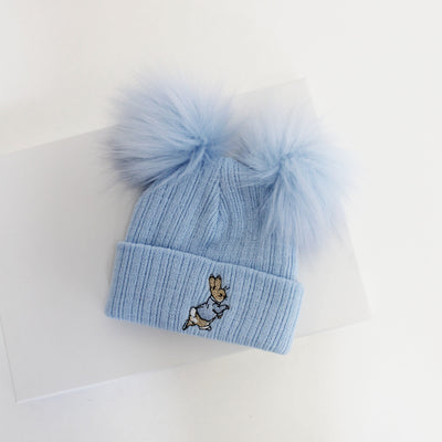 Blue Rabbit Embroidered Double Pom Hat