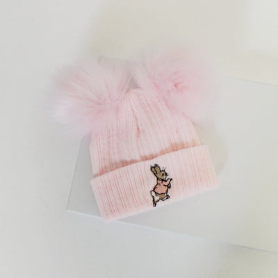 Pink Rabbit Embroidered Double Pom Hat